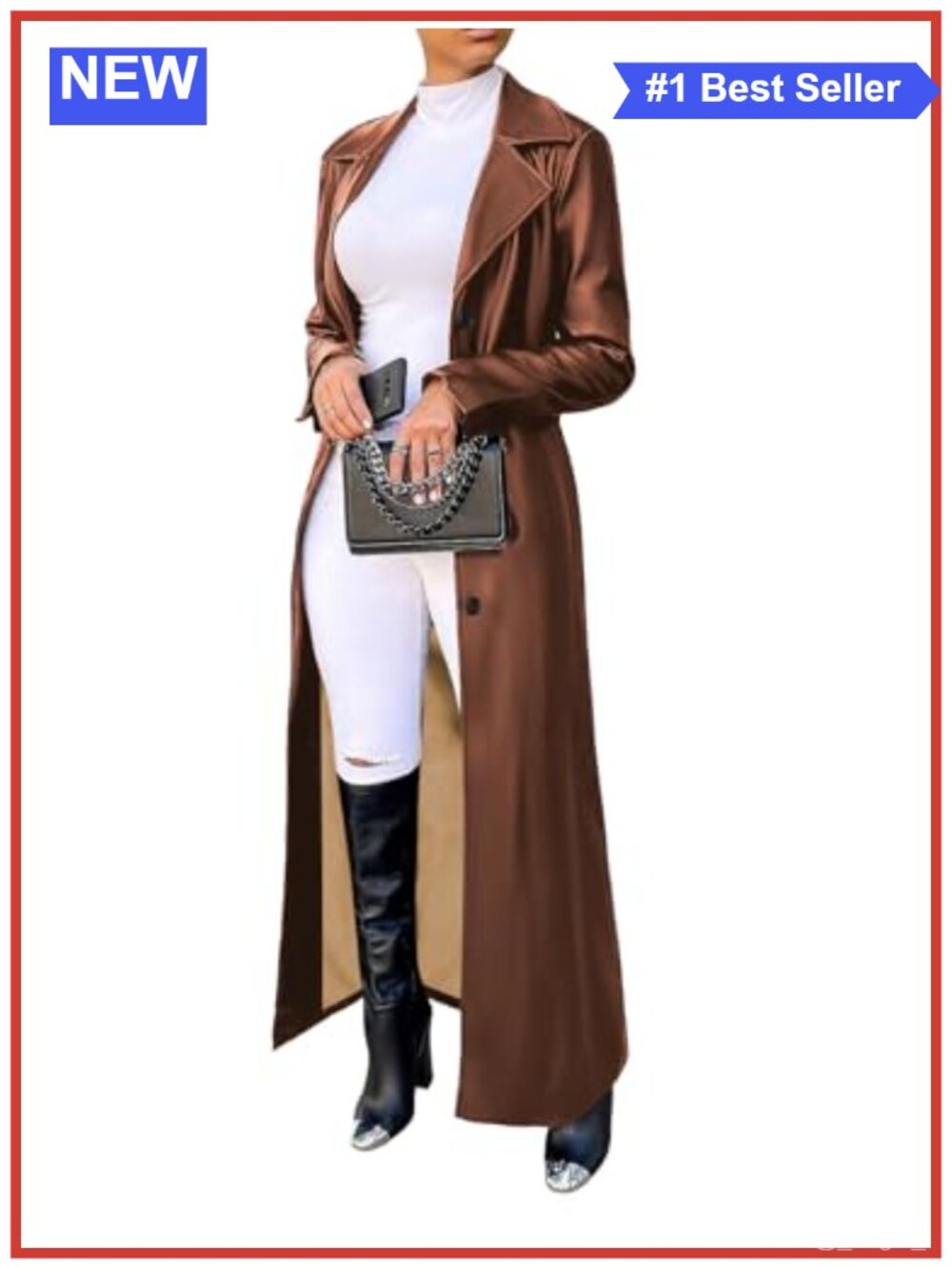 Faux Leather Long Trench Coat Button Down Maxi Overcoat